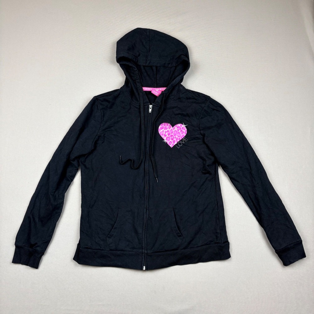 Candy Hard Candy Black Zip Up Hoodie Pink Leopard Heart Love Graphic XL 15-17